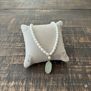 Classic Pearl Necklace with Pale Green Pendant